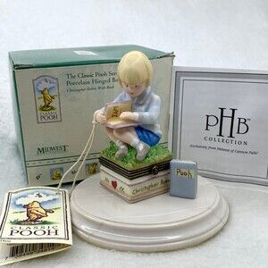 Disney Classic Pooh Christopher Robin Porcelain Hinged Trinket Box Vintage 90s